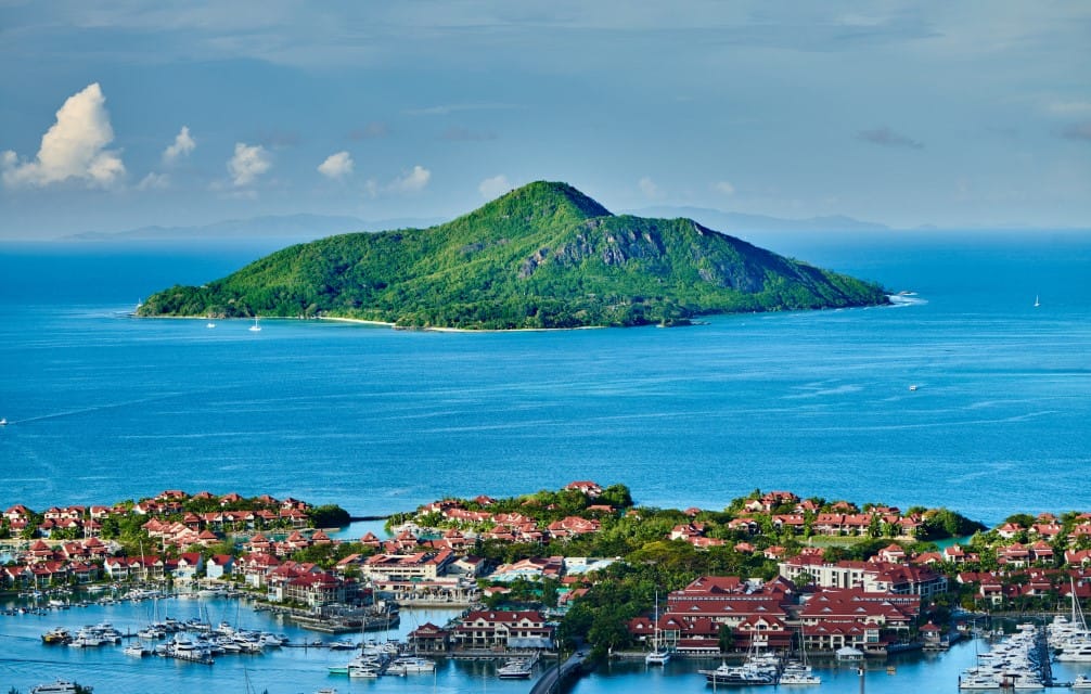 Overlook of Eden Island and Saint-Anne Marine National Park in Victoria, Seychelles, Mahe island.
